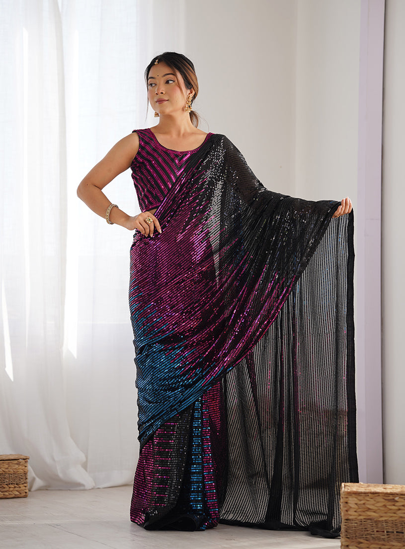 Monjolika Fashion Sequins Georgette Black Reception Party Wear Saree