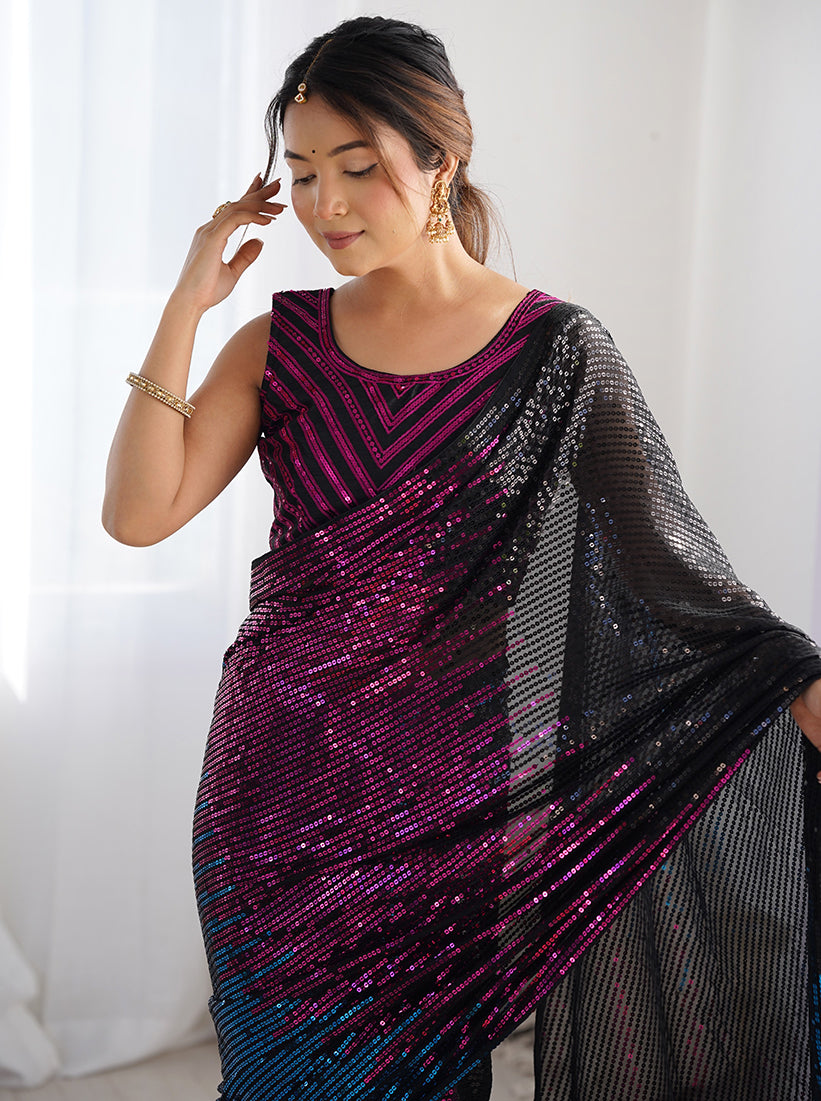 Monjolika Fashion Sequins Georgette Black Reception Party Wear Saree