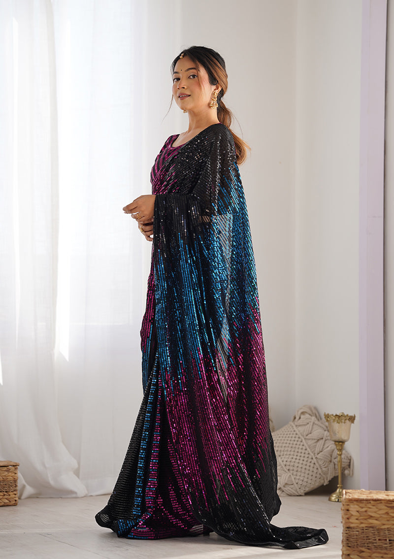 Monjolika Fashion Sequins Georgette Black Reception Party Wear Saree