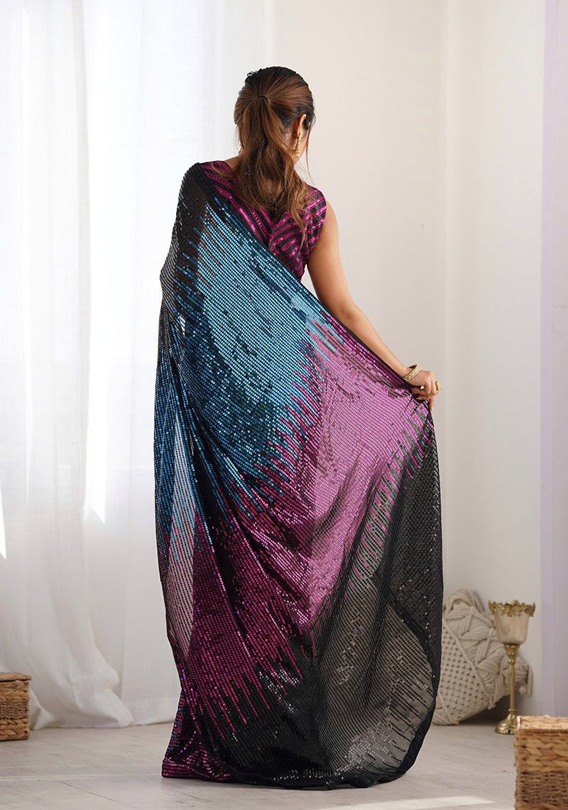 Monjolika Fashion Sequins Georgette Black Reception Party Wear Saree