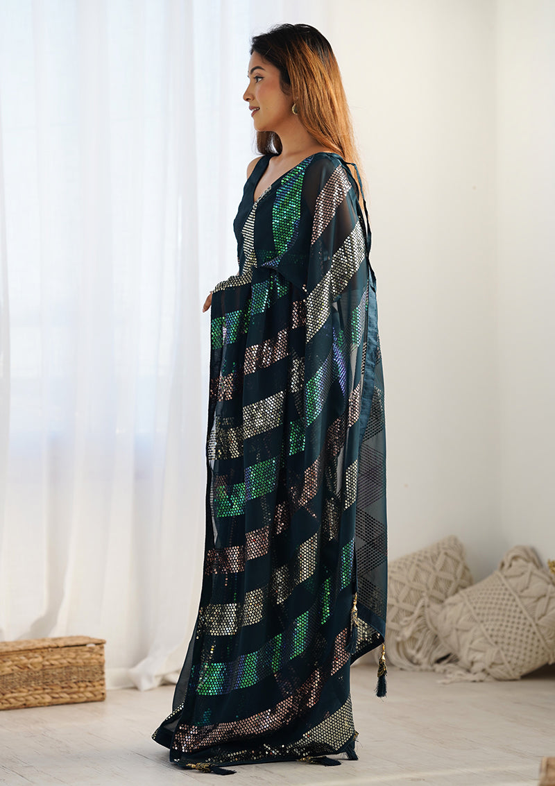 Monjolika Fashion Georgette Sequins Teal Blue Color Classic Saree - Distacart