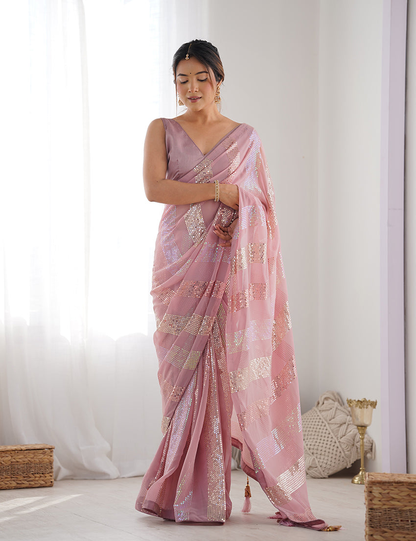 Monjolika Fashion Georgette Sequins Pink Color Classic Saree - Distacart