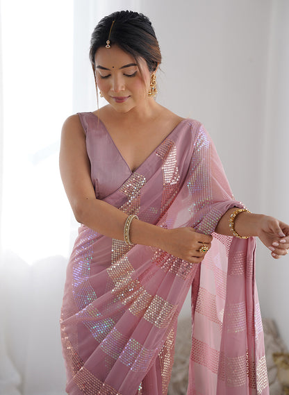Monjolika Fashion Georgette Sequins Pink Color Classic Saree - Distacart