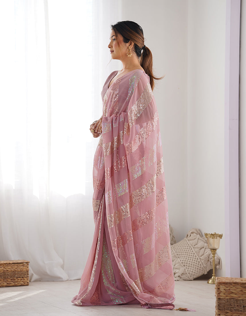 Monjolika Fashion Georgette Sequins Pink Color Classic Saree