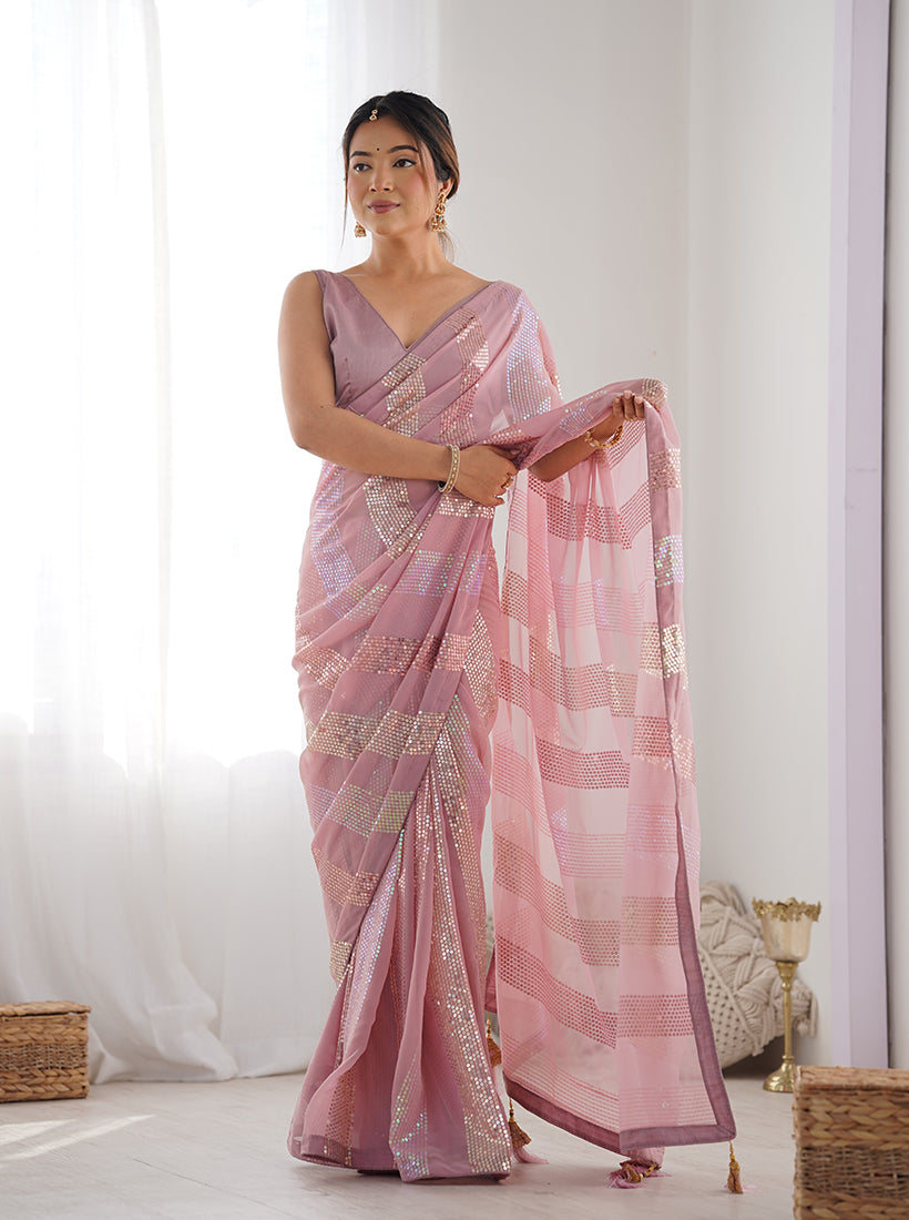 Monjolika Fashion Georgette Sequins Pink Color Classic Saree - Distacart