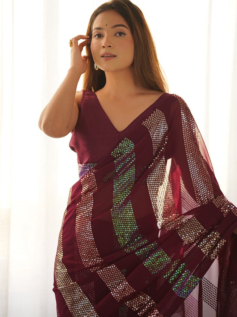 Monjolika Fashion Georgette Sequins Maroon Color Classic Saree - Distacart