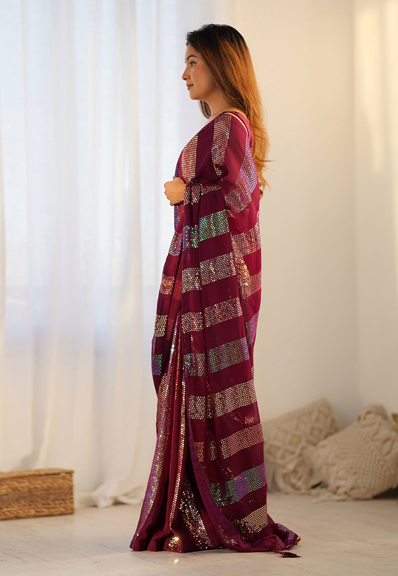 Monjolika Fashion Georgette Sequins Maroon Color Classic Saree