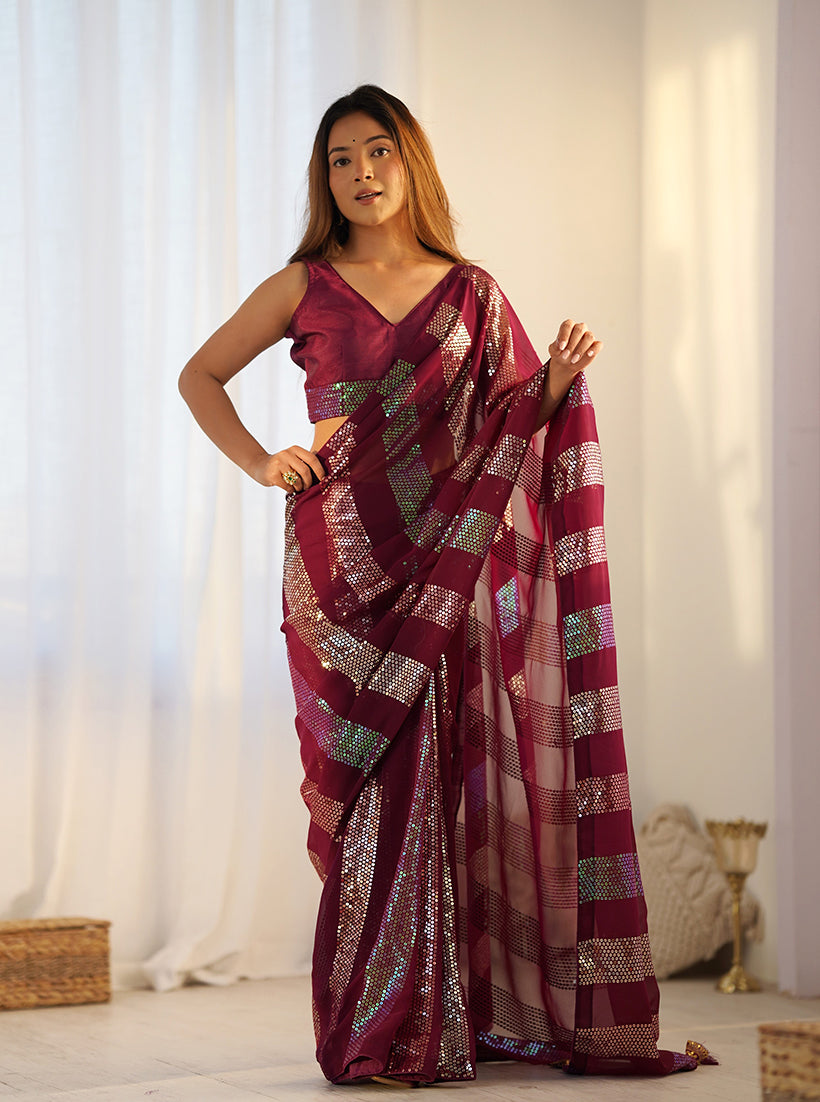 Monjolika Fashion Georgette Sequins Maroon Color Classic Saree