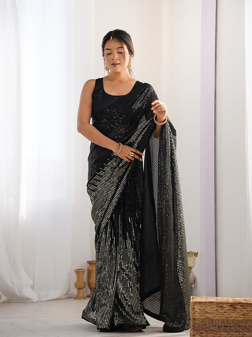 Monjolika Fashion Black Georgette Party Wear Saree with Sequins Work