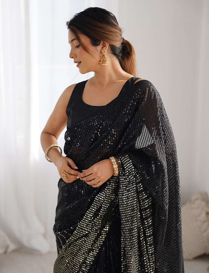 Monjolika Fashion Black Georgette Party Wear Saree with Sequins Work