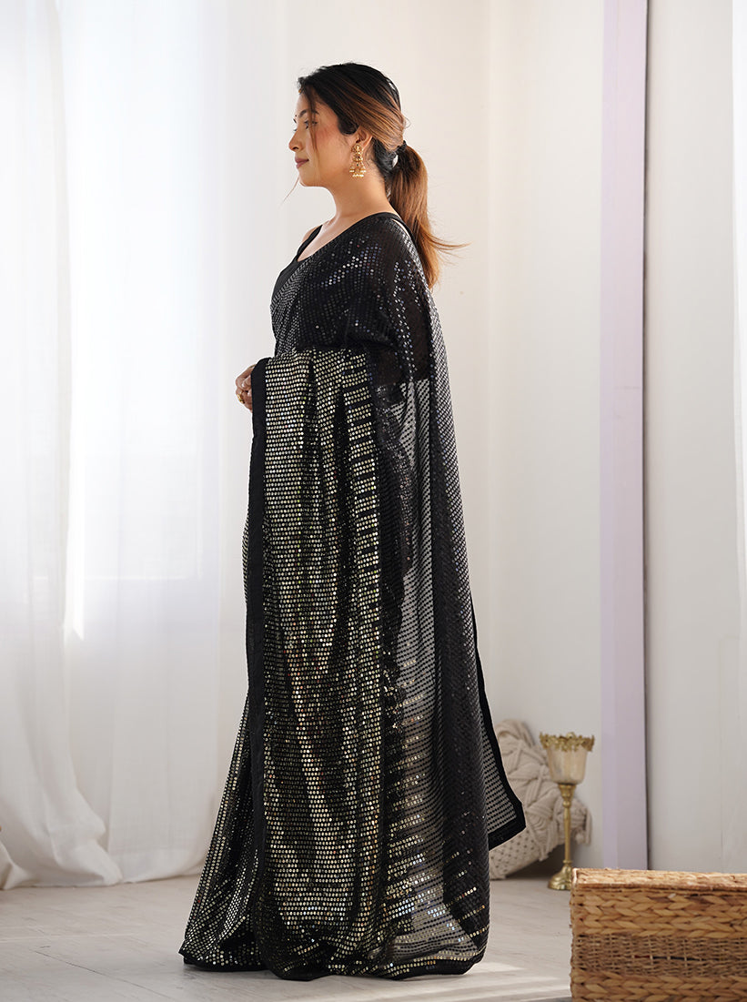 Monjolika Fashion Black Georgette Party Wear Saree with Sequins Work