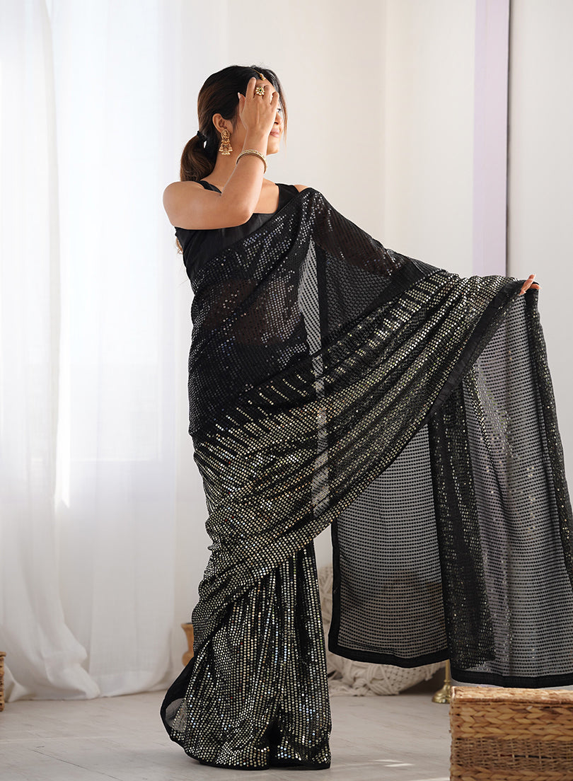 Monjolika Fashion Black Georgette Party Wear Saree with Sequins Work