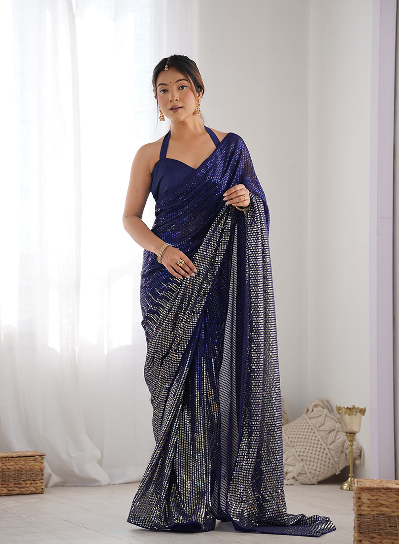 Monjolika Fashion Blue Georgette Party Wear Saree with Sequins Work