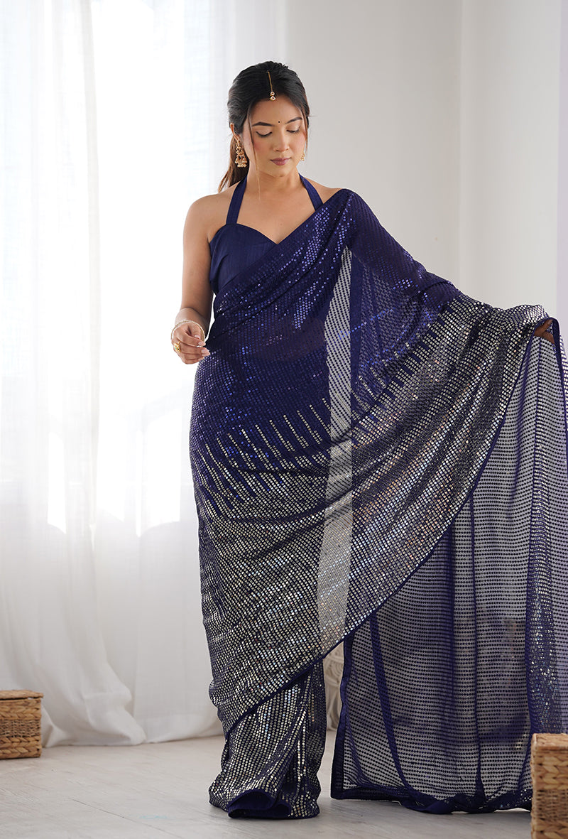 Monjolika Fashion Blue Georgette Party Wear Saree with Sequins Work