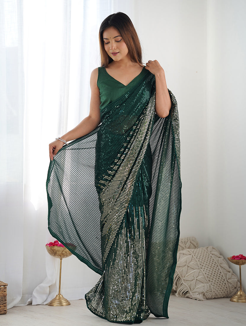 Monjolika Fashion Bottle Green Georgette Party Wear Saree with Sequins Work