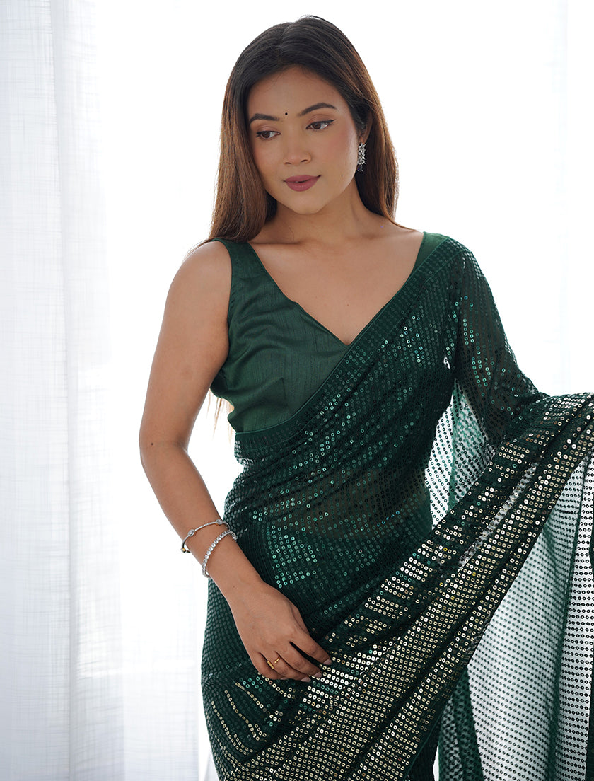 Monjolika Fashion Bottle Green Georgette Party Wear Saree with Sequins Work