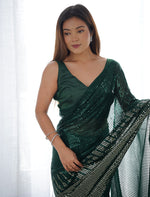 Thumbnail for Monjolika Fashion Bottle Green Georgette Party Wear Saree with Sequins Work