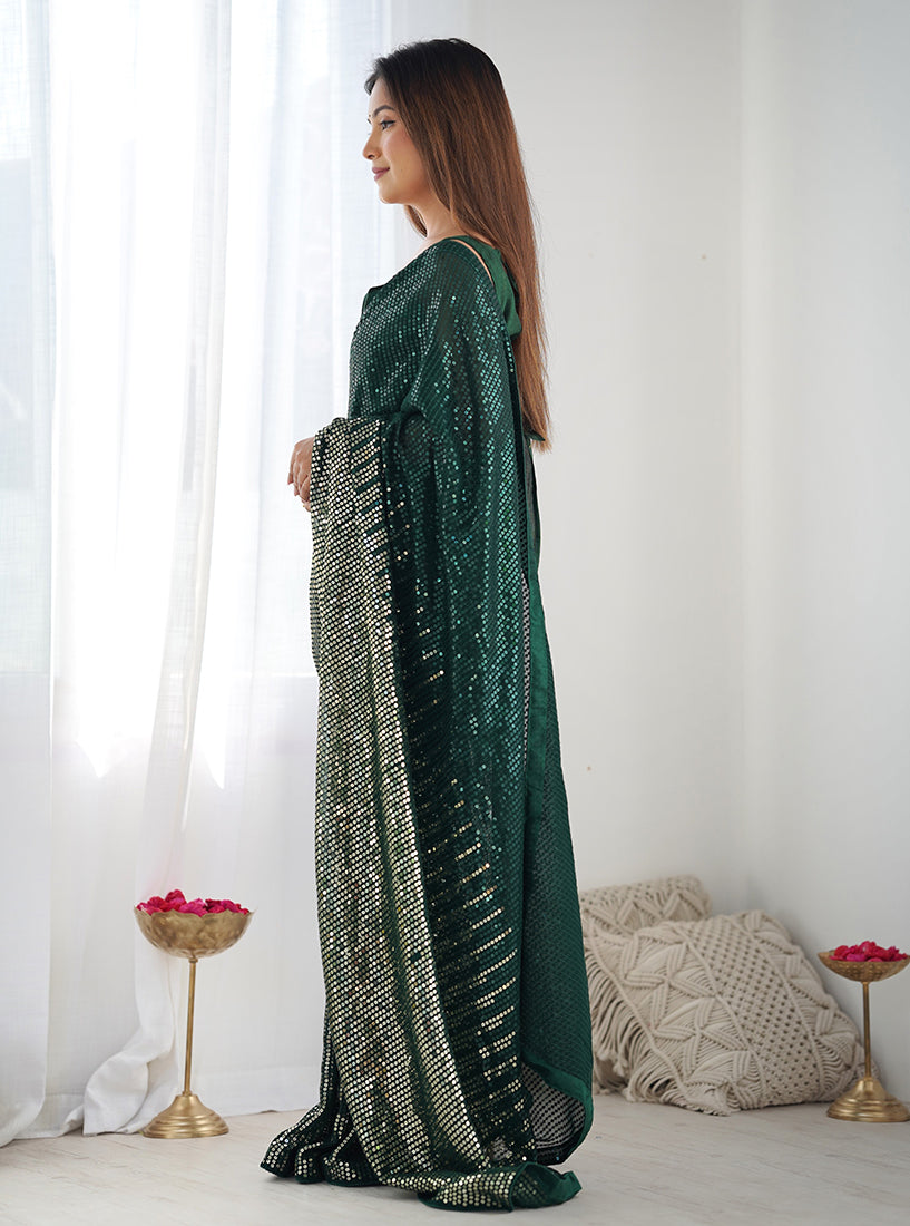 Monjolika Fashion Bottle Green Georgette Party Wear Saree with Sequins Work