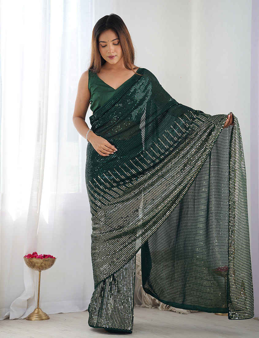 Monjolika Fashion Bottle Green Georgette Party Wear Saree with Sequins Work