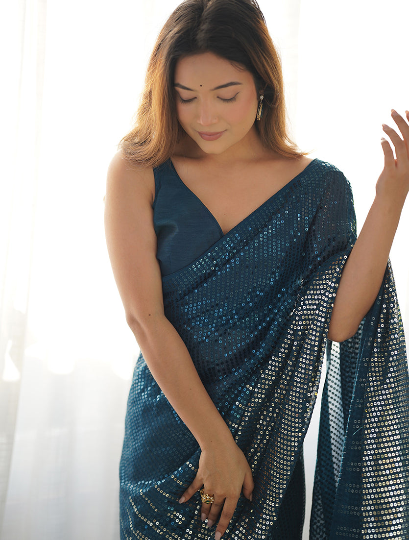 Monjolika Fashion Morpeach Georgette Party Wear Saree with Sequins Work