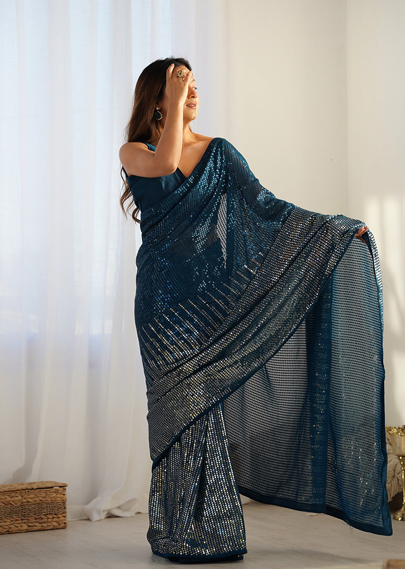 Monjolika Fashion Morpeach Georgette Party Wear Saree with Sequins Work