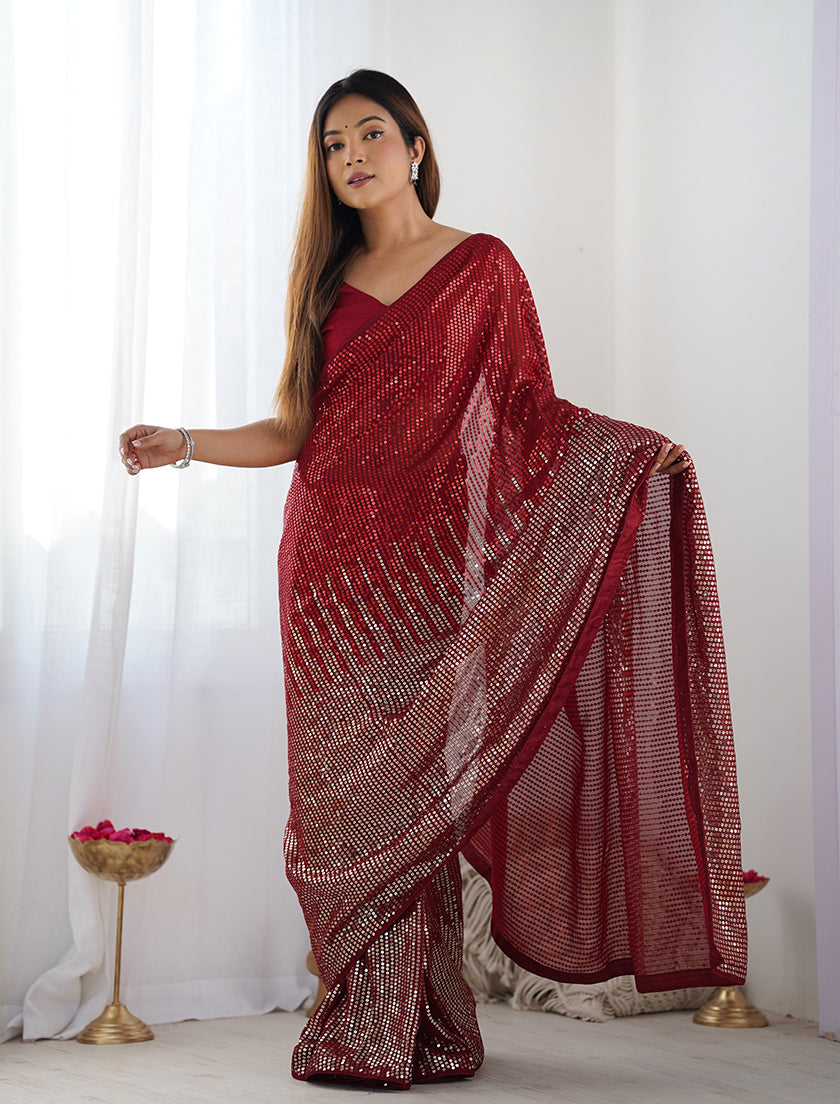 Monjolika Fashion Red Georgette Party Wear Saree with Sequins Work