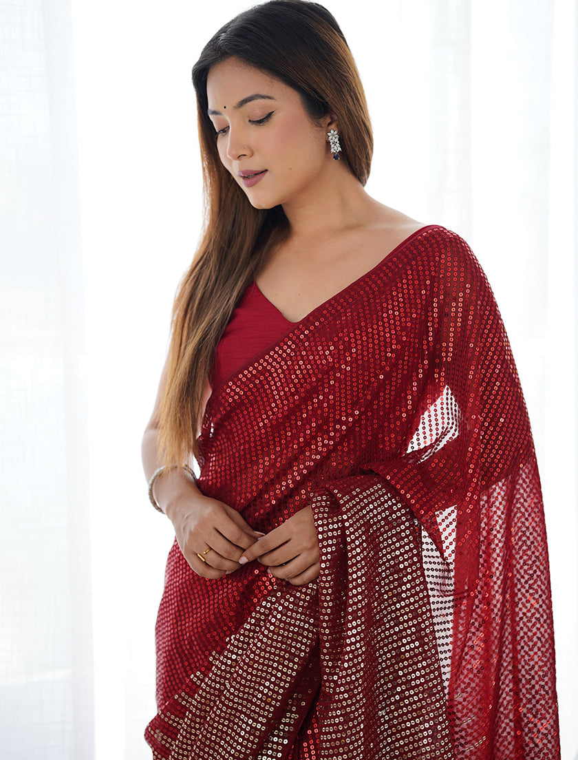 Monjolika Fashion Red Georgette Party Wear Saree with Sequins Work