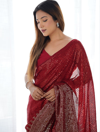 Monjolika Fashion Red Georgette Party Wear Saree with Sequins Work - Distacart
