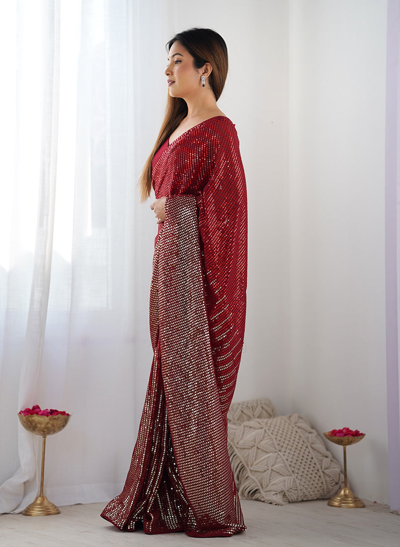 Monjolika Fashion Red Georgette Party Wear Saree with Sequins Work
