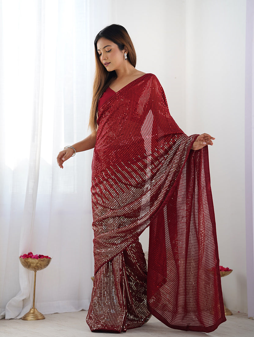 Monjolika Fashion Red Georgette Party Wear Saree with Sequins Work