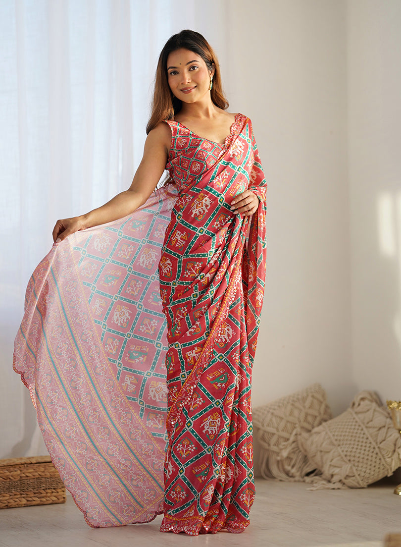 Monjolika Fashion Chinon Digital Print Classic Saree in Red