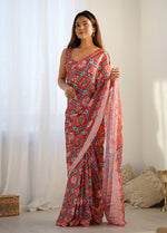 Thumbnail for Monjolika Fashion Chinon Digital Print Classic Saree in Red