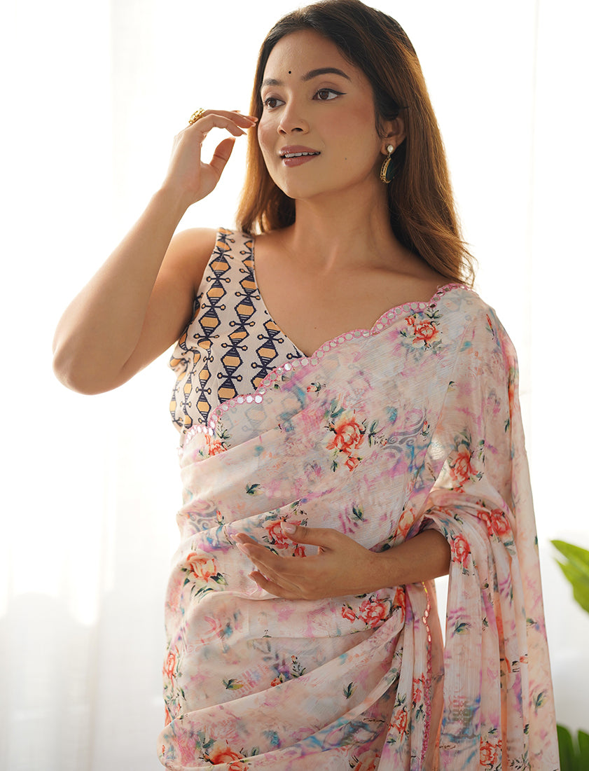 Monjolika Fashion Chinon Digital Print Classic Saree in Off White