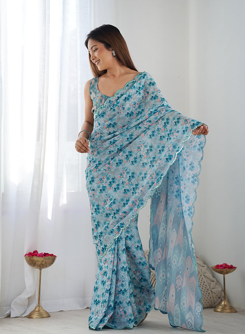 Monjolika Fashion Chinon Digital Print Classic Saree in Light Blue