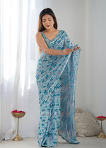 Thumbnail for Monjolika Fashion Chinon Digital Print Classic Saree in Light Blue