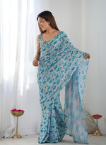 Thumbnail for Monjolika Fashion Chinon Digital Print Classic Saree in Light Blue