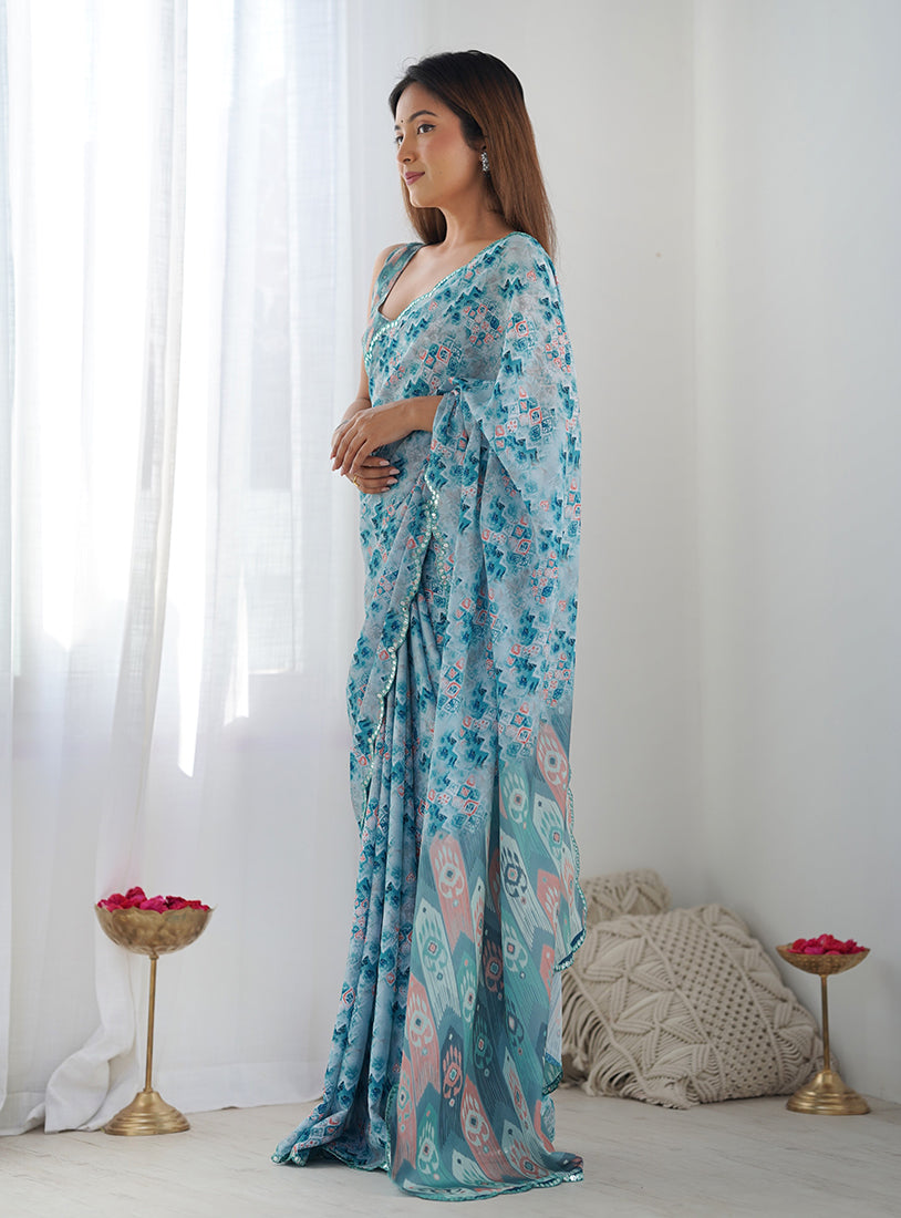 Monjolika Fashion Chinon Digital Print Classic Saree in Light Blue