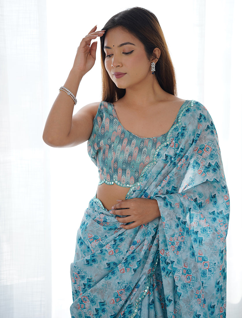 Monjolika Fashion Chinon Digital Print Classic Saree in Light Blue