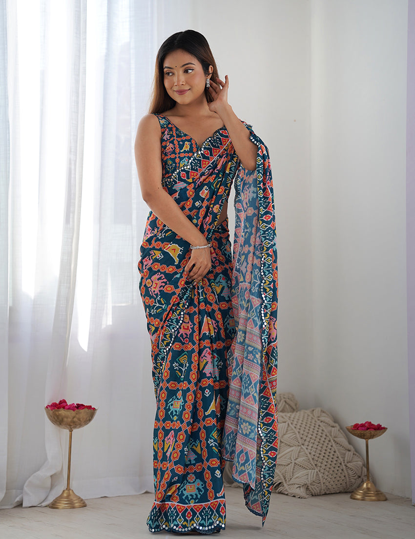 Monjolika Fashion Chinon Digital Print Classic Saree in Navy Blue