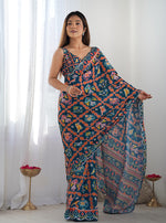 Thumbnail for Monjolika Fashion Chinon Digital Print Classic Saree in Navy Blue