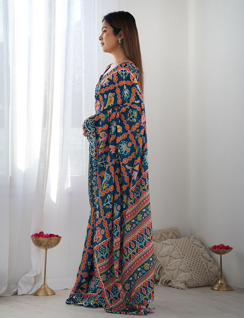 Monjolika Fashion Chinon Digital Print Classic Saree in Navy Blue