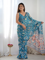 Thumbnail for Monjolika Fashion Chinon Digital Print Classic Saree in Teal Blue