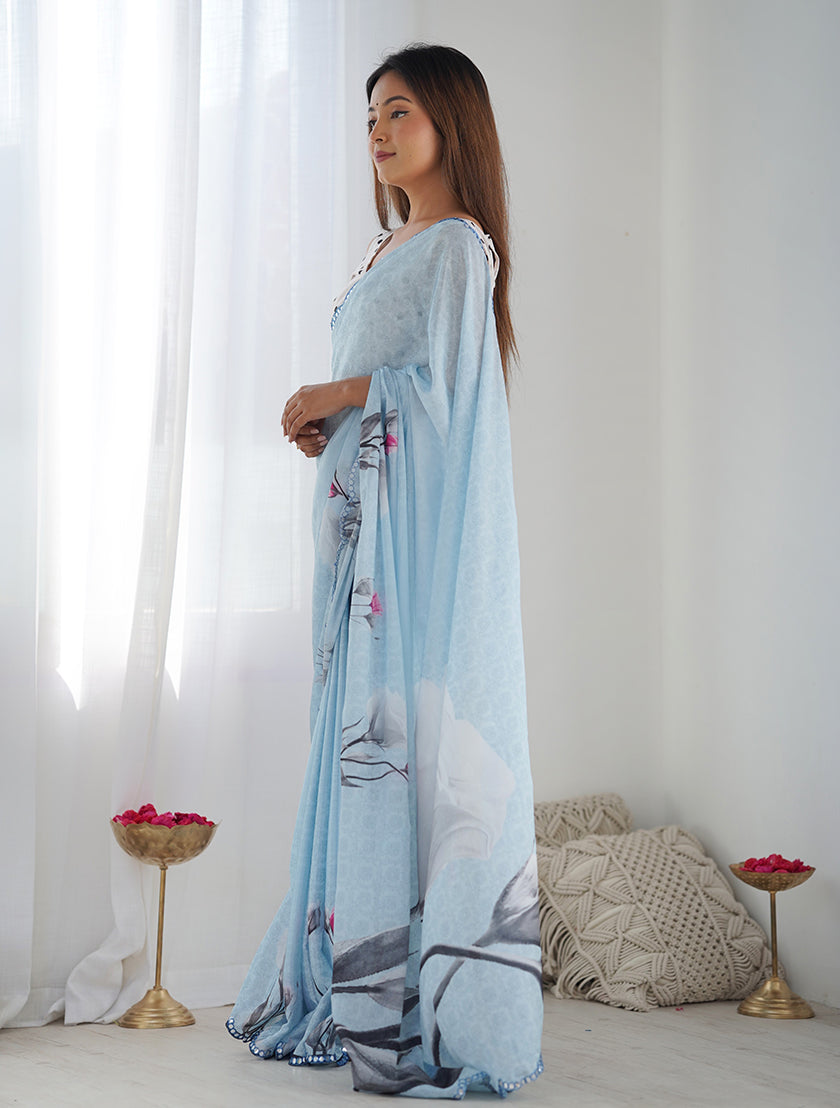 Monjolika Fashion Chinon Digital Print Classic Saree in Sky Blue