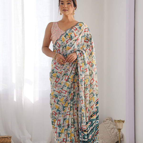 Monjolika Fashion Chinon Digital Print Classic Saree in Off White - Distacart
