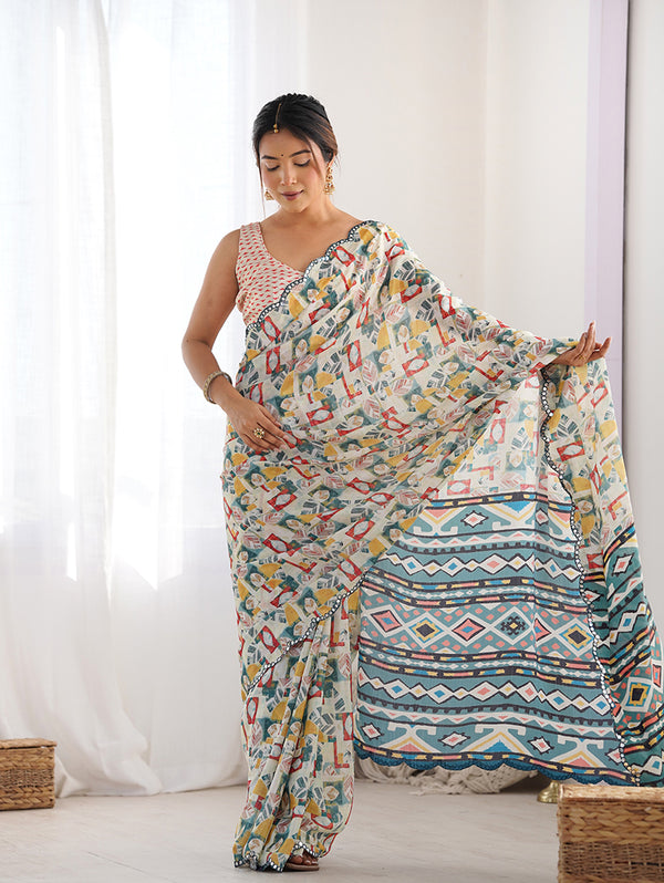 Monjolika Fashion Chinon Digital Print Classic Saree in Off White