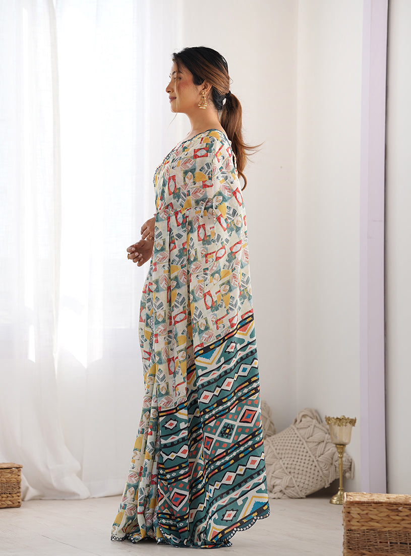 Monjolika Fashion Chinon Digital Print Classic Saree in Off White