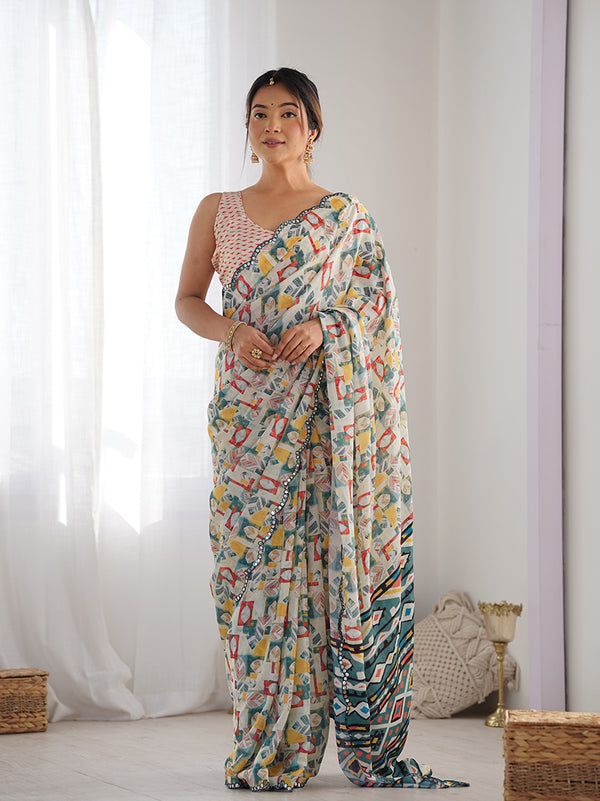 Monjolika Fashion Chinon Digital Print Classic Saree in Off White
