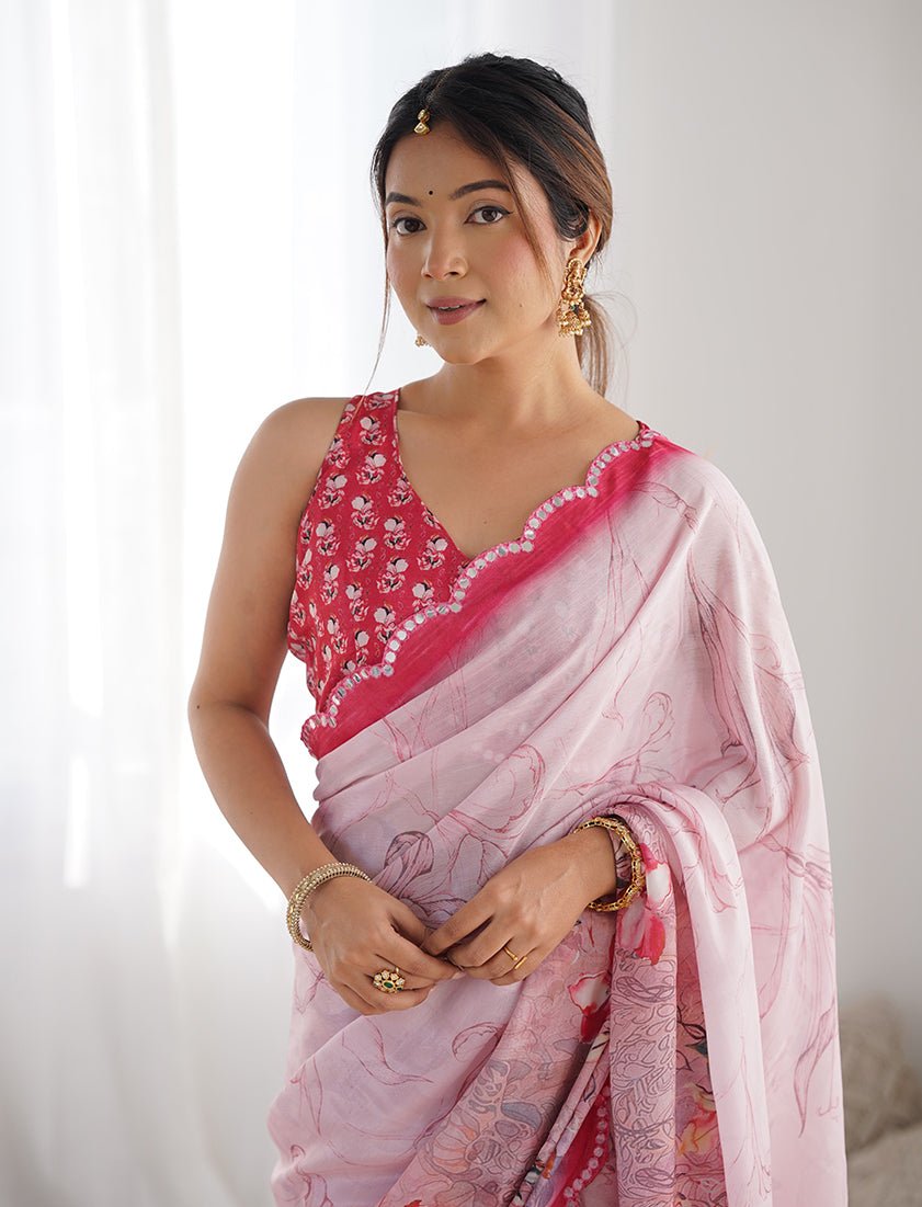 Monjolika Fashion Chinon Digital Print Classic Saree in Light Pink
