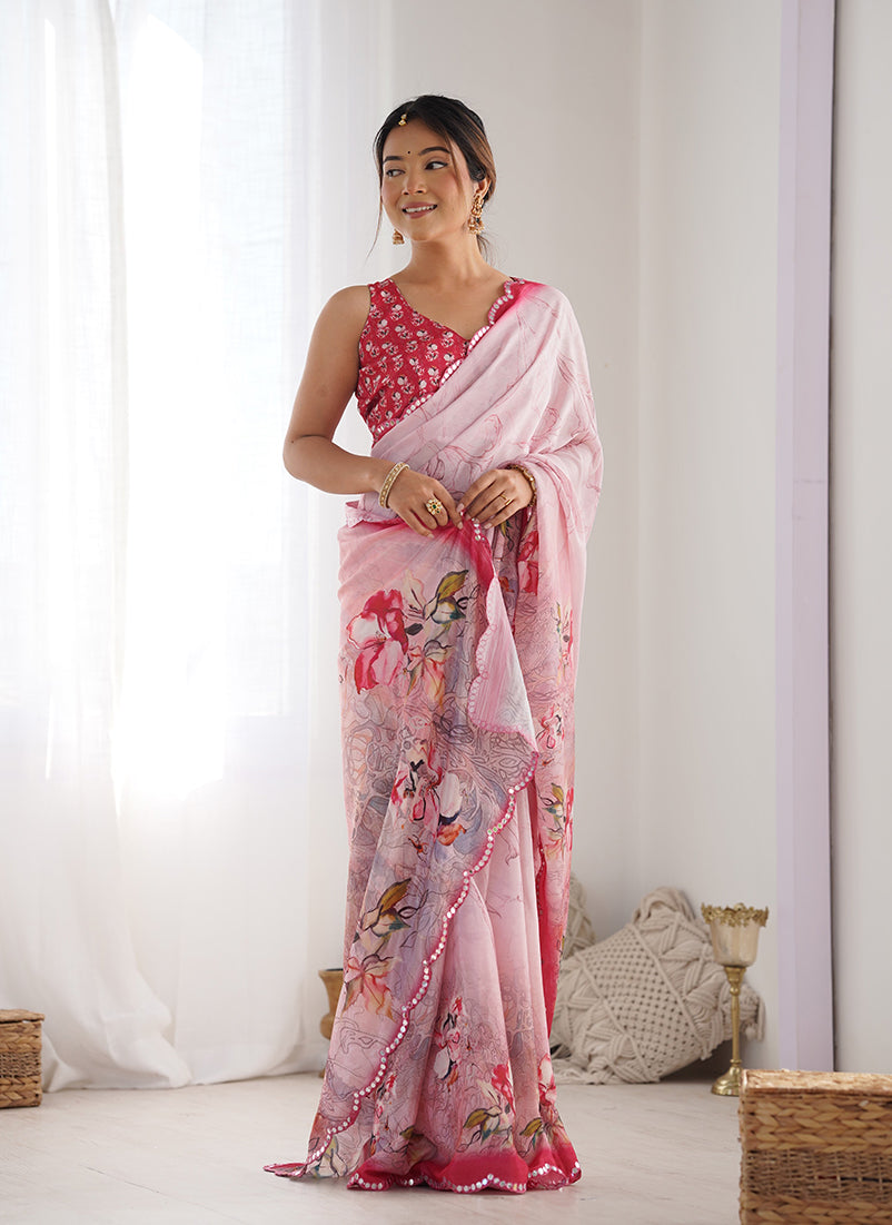 Monjolika Fashion Chinon Digital Print Classic Saree in Light Pink