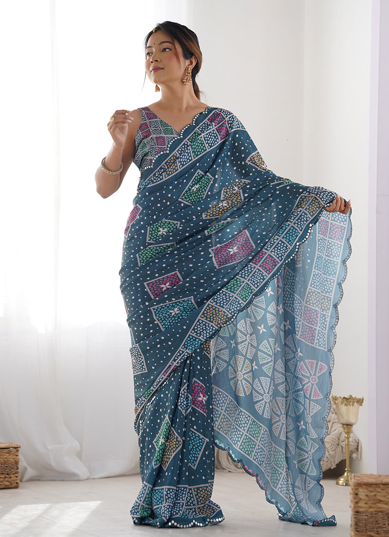 Monjolika Fashion Chinon Digital Print Classic Saree in Teal Blue